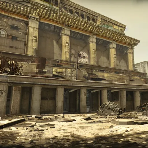Prompt: Bolshoi Theater, Moscow in ruins post-nuclear war in Fallout 4, in game screenshot