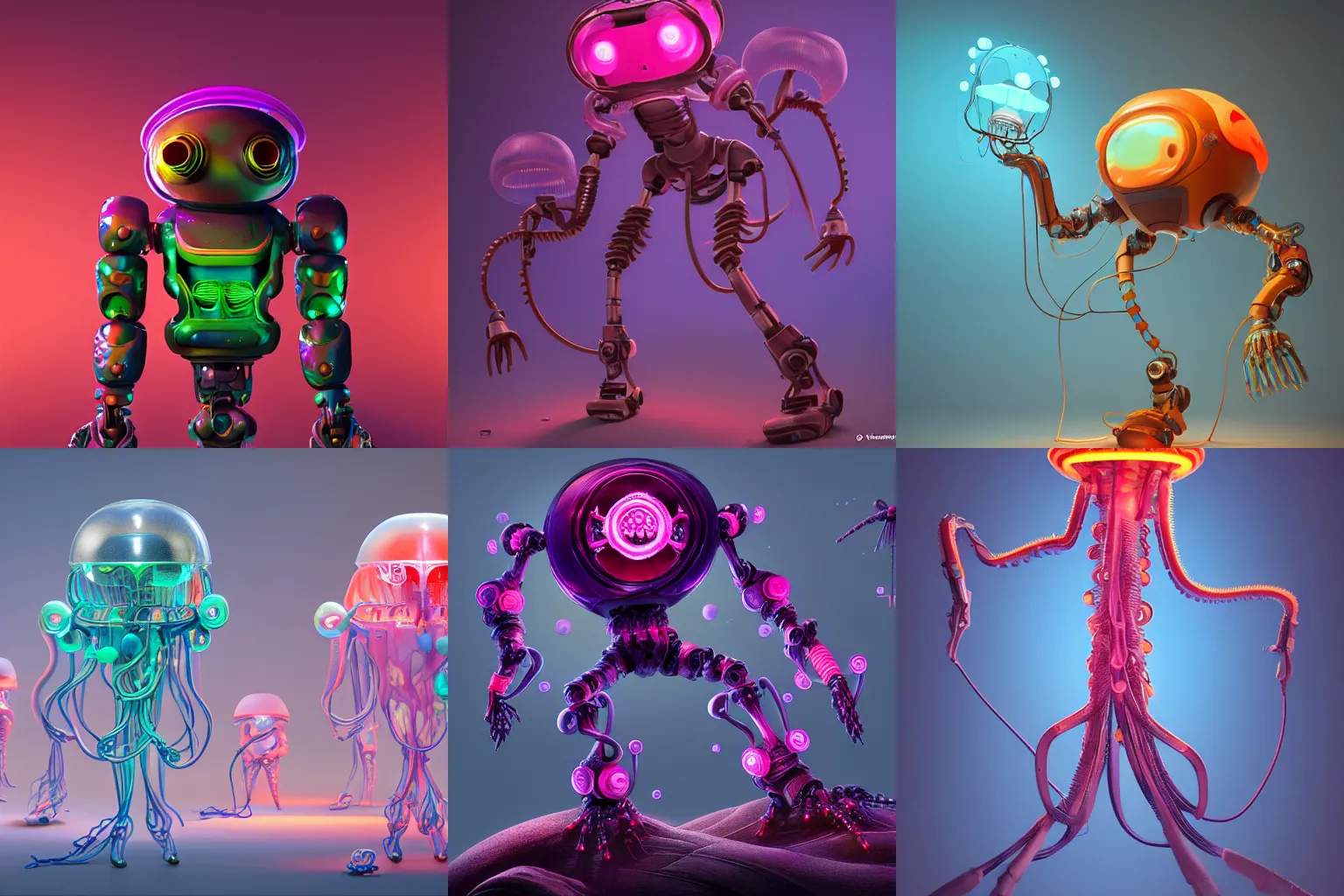 Prompt: Tintoy Characterdesign Robot neon jellyfish tentacles anr wires hard surface modelling, by Eddie Mendoza, by Peter mohrbacher, Pictoplasma bioluminescent biomechanical halo, by jarold Sng, by disney, by tooth wu, octane render, cinematic light, high details, dichroic, cgsociety, by jonathan ive