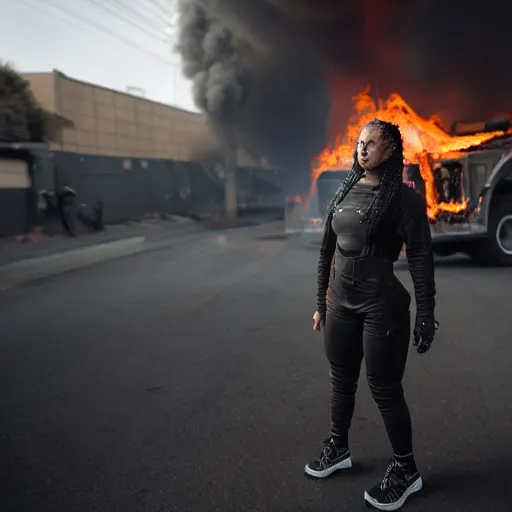 Image similar to Candid extreme wide shot of a poor techwear mixed woman with short hair and tattoos outside of a futuristic Los Angeles on fire, a police MRAP on fire, cyberpunk, 4k, extreme long shot, desaturated, full shot, action shot, motion blur, depth of field, sigma 85mm f/1.4, high resolution, 4k, 8k, hd, full color, award winning photography, war photography