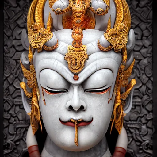 Image similar to naraka buddhist demon korean female, highly detailed, symmetrical long head, smooth marble surfaces, detailed ink illustration, raiden metal gear, cinematic smooth stone, deep aesthetic, concept art, post process, 4 k, carved marble texture and silk cloth, latex skin, highly ornate intricate details, in the style of 8 8 grzes