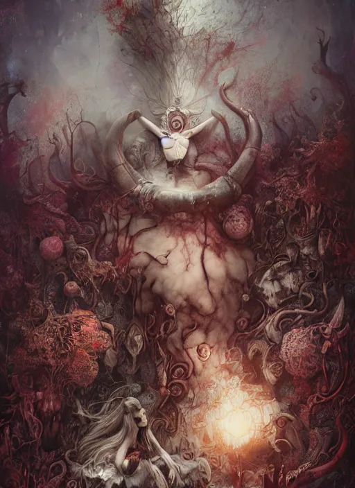 Image similar to alice in wonderland, viking god, highly detailed, cinematic, 8 k, by megan duncanson, benjamin lacombe, adrian borda, stanley artgermm, tom bagshaw, craig mullins, carne griffiths, ayami kojima, beksinski, giger, trending on deviantart, hyper detailed, horror, full of colour