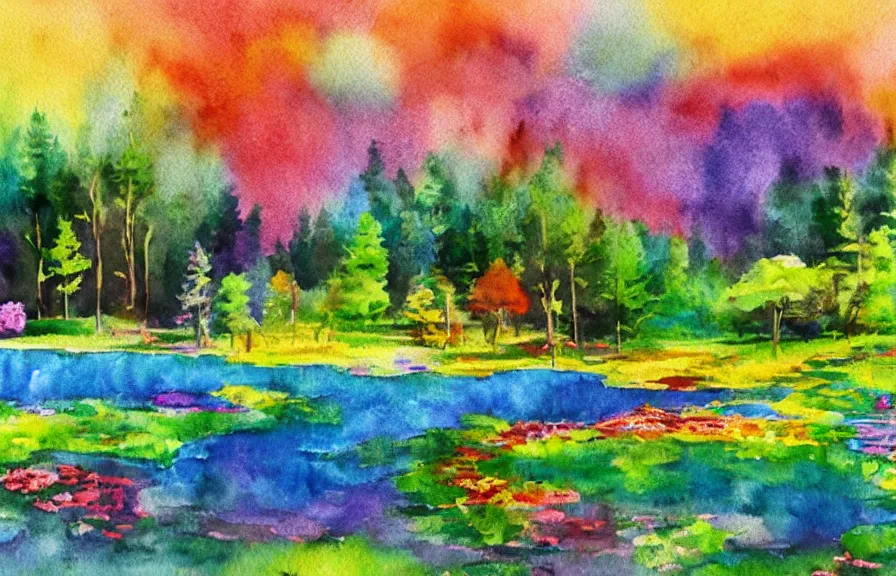 Image similar to sanctuary in colorful flower meadow near a forest with a rainbow pond, double rainbow in the sky, watercolor painting