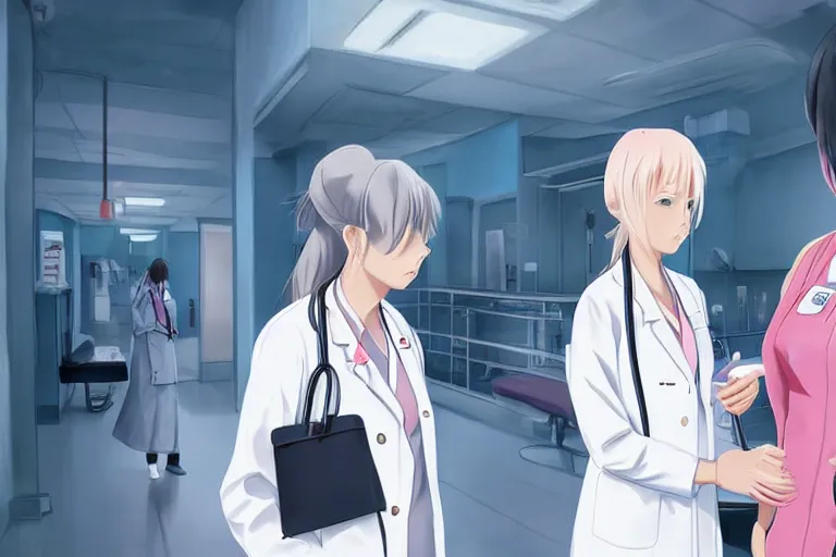 Prompt: a beautiful young female doctor wearing white coat are talking with a nurse wearing pink coat in a hospital ward, highly detailed, digital painting, slice of life anime, anime scenery by Makoto shinkai