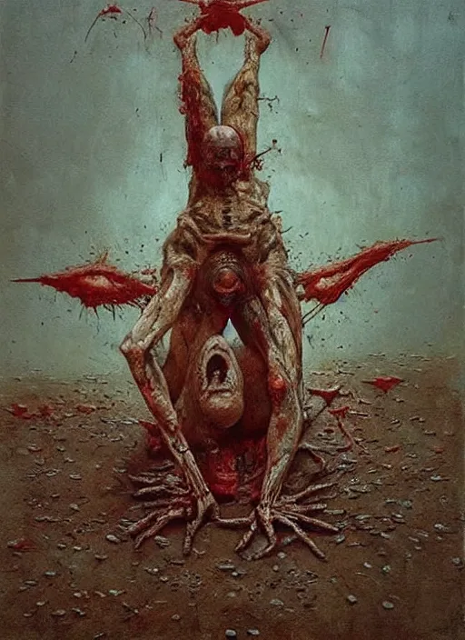 Image similar to painting of disturbing figure lying on concrete ground, decrepit, corpse-like, by jon hale, beksinski, giger, epic, flying birds, tweeting, trump reaction video tiktok, 'trump face reacting'!!! soyjak!!!