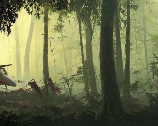 Image similar to a crashed airplane in a forest, smoke, smog, cloudy air, and fire. Forest swamp. Atmospheric lighting By Makoto Shinkai, Stanley Artgerm Lau, WLOP, Rossdraws, James Jean, Andrei Riabovitchev, Marc Simonetti, krenz cushart, Sakimichan, trending on ArtStation, digital art.