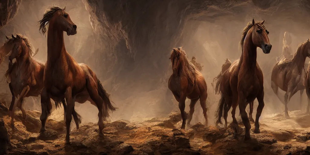 Image similar to of brown horses in a low light lit cave hurdled in a group, highly detailed, intricate, digital painting, trending on artstation, concept art, matte painting, art by greg rutkwowski, craig mullins, octane render, 8 k, unreal engine