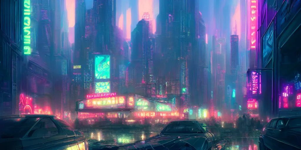 Prompt: Chicago by Neon Light, in the style of Cyberpunk Impressionism, Krenz Cushart, Moebius, and Muchain, Prismatic, Rococo, Pearlescent, reflective, shimmering, highly detailed, masterpiece, dreamy, concept art, Cinema lighting, 8k, trending on artstation