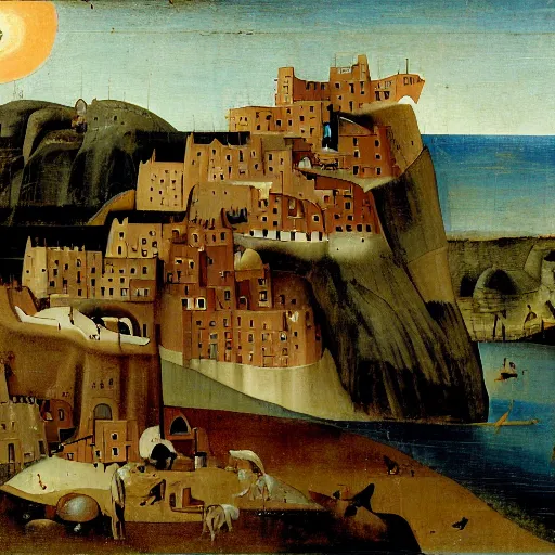 Prompt: pueblo indian cliffside houses by hieronymus bosch