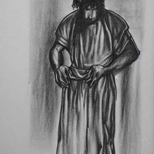 Prompt: 25 year old Mediterranean man, biblical clothing, scared, terrified, frightened, horrified, charcoal sketch