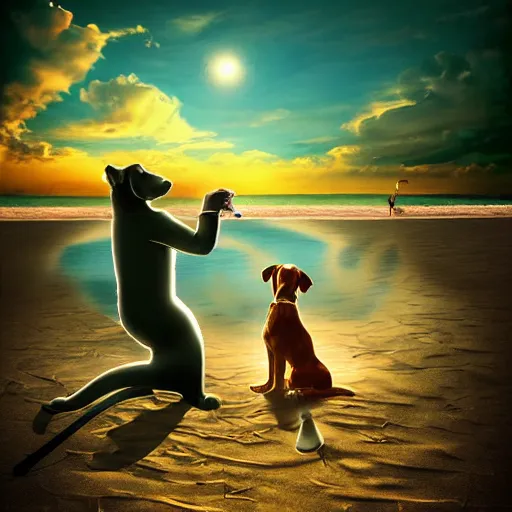 Image similar to dog smoking marijuana with owner on the beach, watching the world end, dynamic lighting, fantasy art, High contrast, depth of field