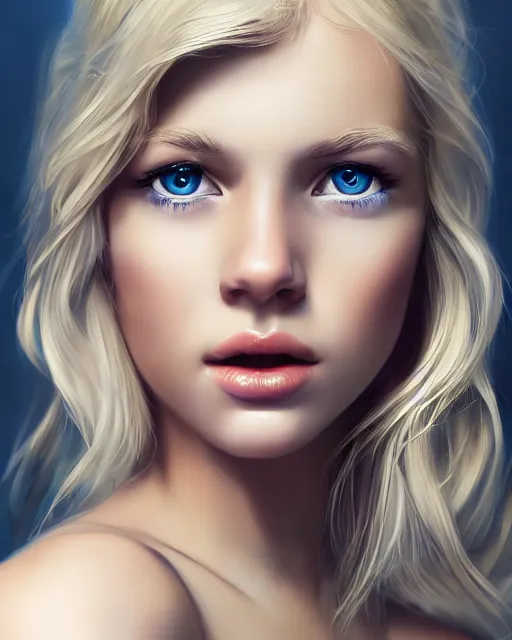 Image similar to closeup of beautiful blonde female with blue eyes, award winning portrait photography, extremely detailed, artstation, 8 k, sensual lighting, incredible art, wlop, artgerm, backlit, rim lighting, hi - fructose, cellshading, intricate lineart