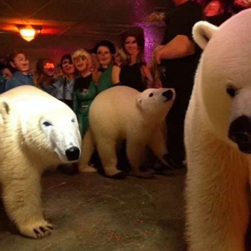 Prompt: little polar bear partying, drink, nigh club
