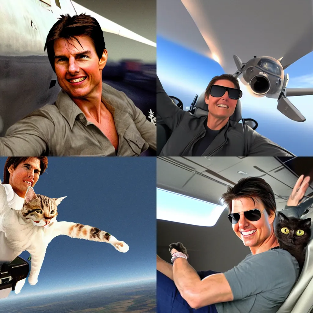 Prompt: Tom Cruise flying with cat co-pilot, photorealistic