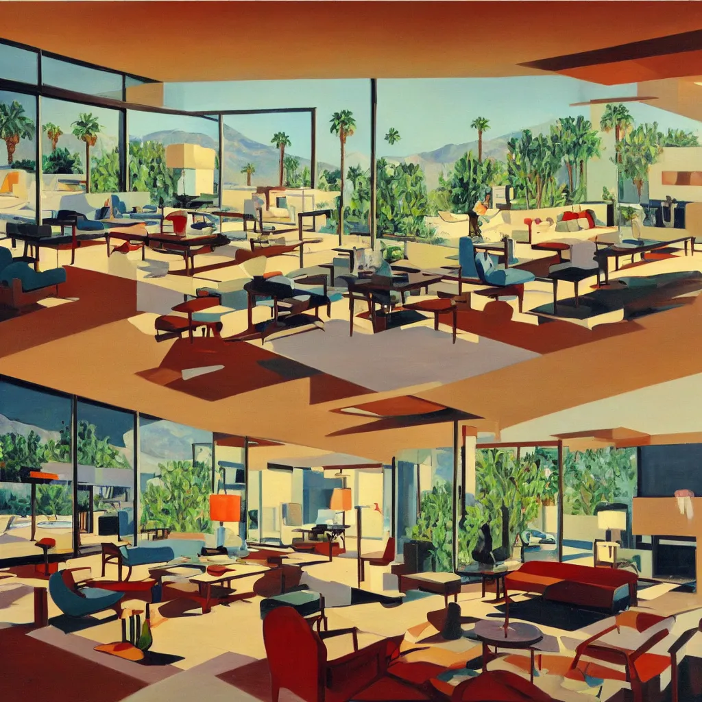 Image similar to an oil painting of the interior of a mid century modern house designed by both frank lloyd right and richard sera in palm springs