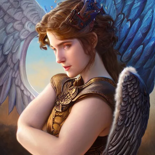 Prompt: portrait of young aasimar angel girl maiden wearing comfy leather armor with beautiful feathered angel wings, cute face, brown eyes, Alison Williams, Blizzard, Diablo, by artgerm and greg rutkowski and alphonse mucha and andrei riabovitchev, 4k oil on linen, vivid colors, colorful, high dynamic range, HDR, intricate, elegant, highly detailed, digital painting, artstation, concept art, smooth, sharp focus, illustration