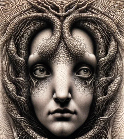 Image similar to detailed realistic beautiful fossil goddess face portrait by jean delville, gustave dore, iris van herpen and marco mazzoni, art forms of nature by ernst haeckel, art nouveau, symbolist, visionary, gothic, neo - gothic, pre - raphaelite, fractal lace, intricate alien botanicals, biodiversity, surreality, hyperdetailed ultrasharp octane render