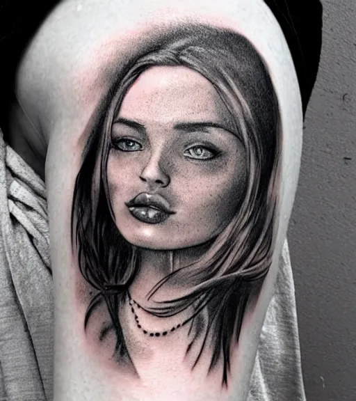 Image similar to a beautiful woman face against a background of beautiful mountains, tattoo design sketch, amazing blend effect, hyper - realistic, in the style of matteo pasqualin, amazing detail, black and white
