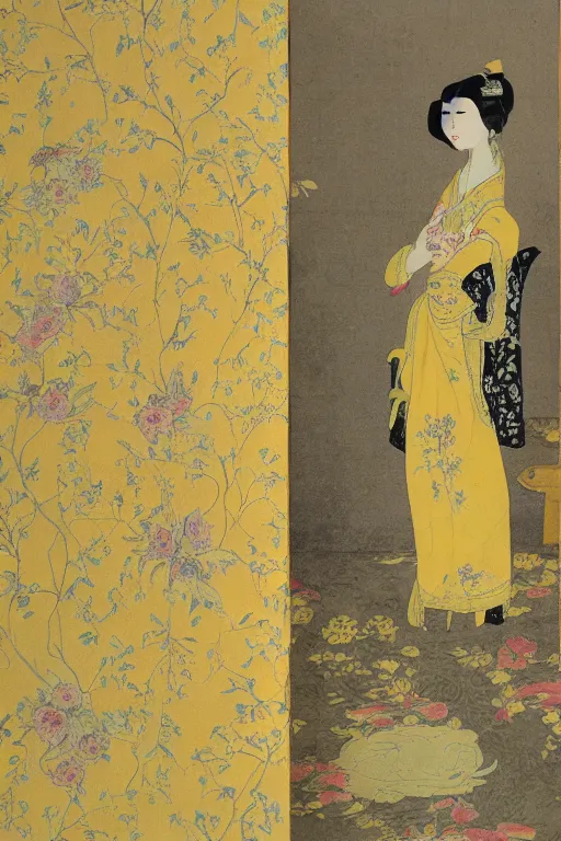 Image similar to an asian woman emerges from yellow wallpaper decorated with sensual feminine faces by charles walter stetson