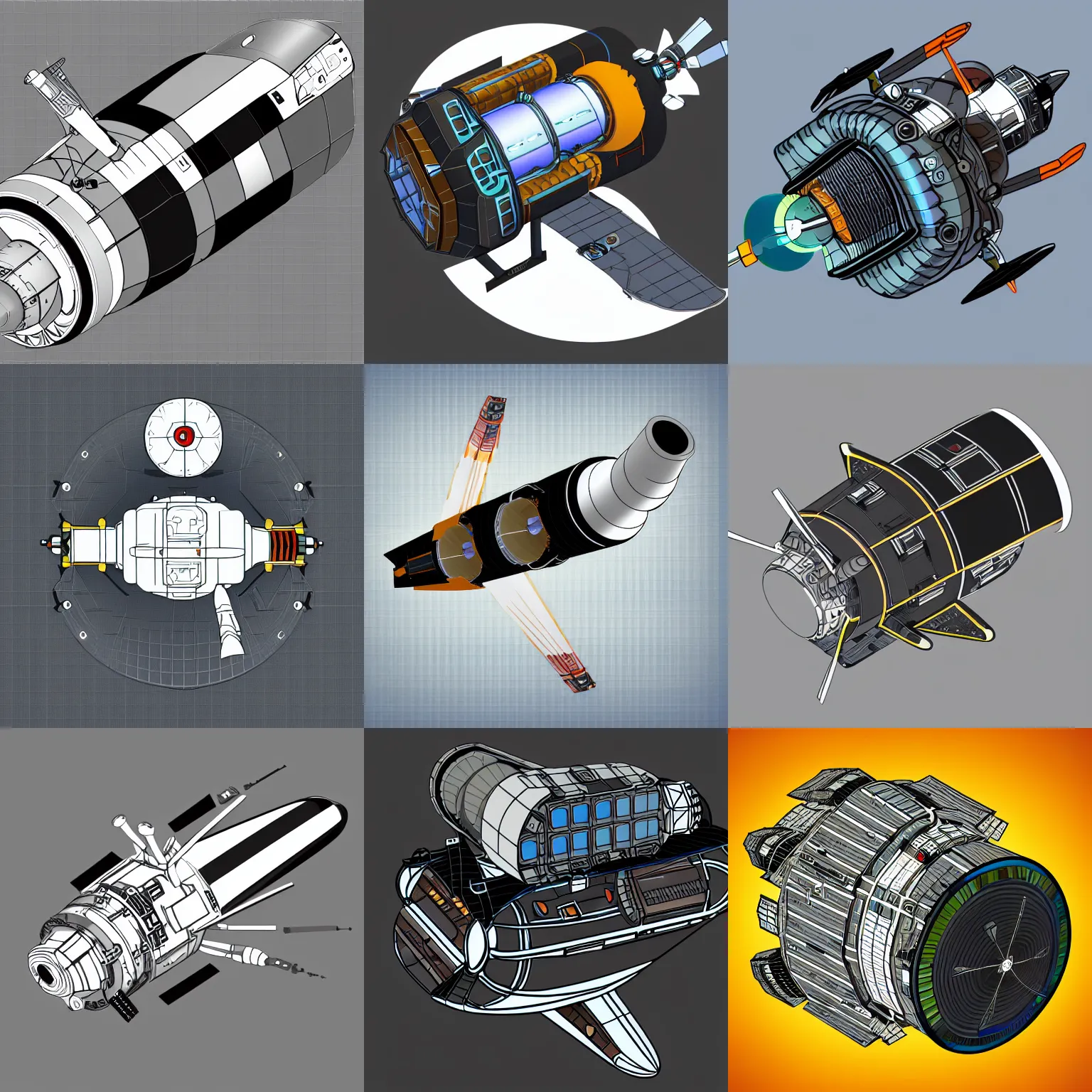 Prompt: stylized two dimensional spacecraft propulsion module cutaway, two colors, black backround. inkscape, illustrator, vector graphics, bloom, 2 d game, topdown.