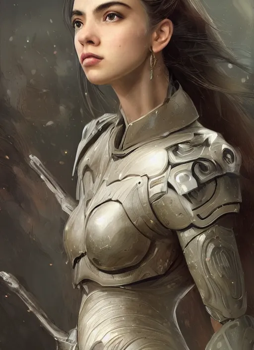 Image similar to a professional portrait of a beautiful young female, clothed in ethereal battle armor, olive skin, long dark hair, beautiful bone structure, symmetrical facial features, intricate, elegant, digital painting, concept art, smooth, sharp focus, finely detailed, illustration, from Valerian and the City of a Thousand Planets, in the style of Ruan Jia and Mandy Jurgens and Artgerm and Greg Rutkowski and William-Adolphe Bouguerea