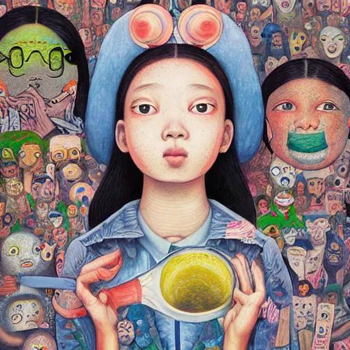 Image similar to A mixed mediart. A rip in spacetime. Did this device in her hand open a portal to another dimension or reality?! by Hikari Shimoda, by Diego Rivera realist