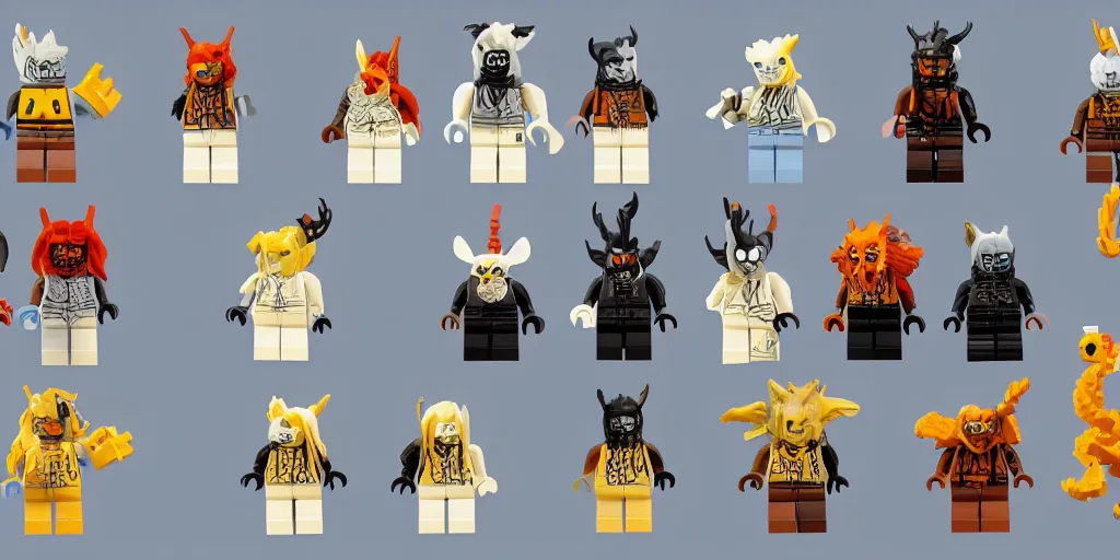 Image similar to creatures made of lego bricks, cute looking, kawaii, sharp focus, character sheet, game concept art