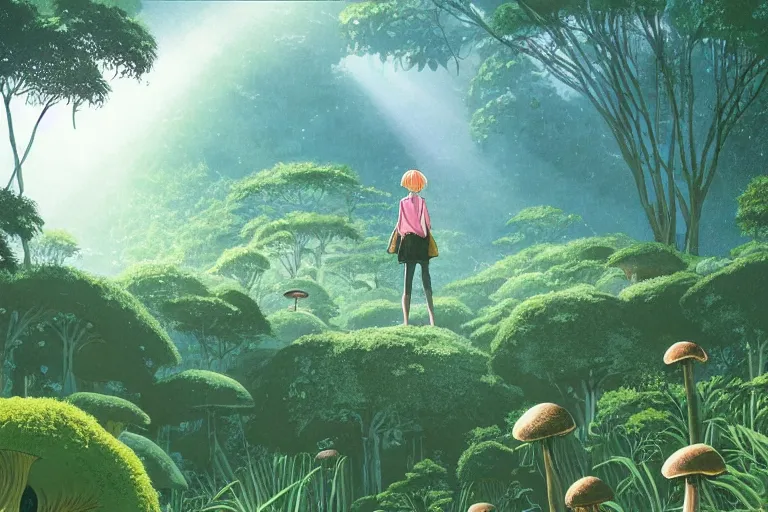 Image similar to insane perspective down view of a young adventurer on a large open path entering a vast paradise jungle with a distant clearing, giant mushrooms, large white birds flying, exotic vegetation, large rocks with thick moss, large jungle flowers, huge suspended wooden bridge, god rays light. very graphic illustration by moebius and victo ngai, ghibli spirited away vibe, dynamic lighting, night mood