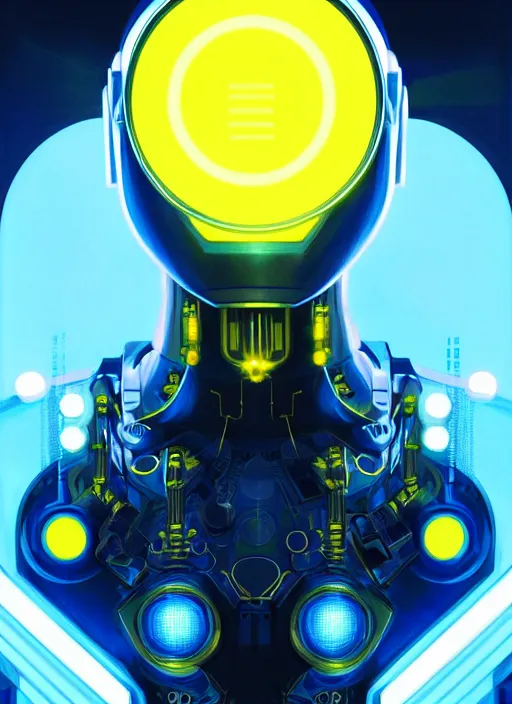 Prompt: symmetry portrait of a robot with sunglasses, sci - fi, tech wear, blue and yellow glowing lights, intricate, elegant, highly detailed, digital painting, artstation, concept art, smooth, sharp focus, illustration, art by artgerm and greg rutkowski and alphonse mucha