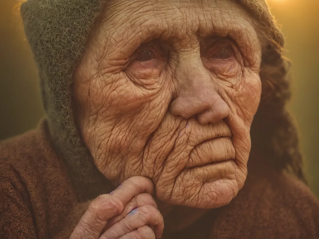 Image similar to close up portrait bust of old woman sitting on fence, looking outside, tired expression, faded color film, russian cinema, tarkovsky, technicolor, inside old cabin, next to window, heavy forest outside, long brown hair, old clothing, heavy fog, brown color palette, sunset, low light, hudson river school, 4 k, dramatic lighting