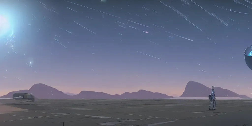 Image similar to a spacecraft moving towards earth by moebius and makoto shinkai, cinematic composition, wide shot