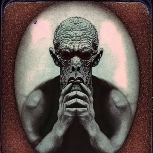 Image similar to portrait of the exiled god, polaroid photo, cosmic horror, photo realistic, lovecraft, flesh, nightmare, demon, old man, no eyes, hate, monster