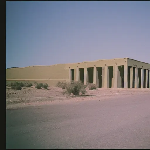Image similar to 1 9 7 0 s movie still of a empty monstrous stalinist style town in the desert, cinestill 8 0 0 t 3 5 mm eastmancolor, heavy grain, high quality, high detailed