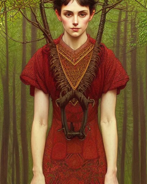 Image similar to symmetry portrait of welsh brunette student in mans tunic, embroidery, tomboy, short hair, intricate forest background, intricate, elegant, highly detailed, digital painting, artstation, concept art, smooth, sharp focus, illustration, art by artgerm and greg rutkowski and fra angelico and alphons mucha