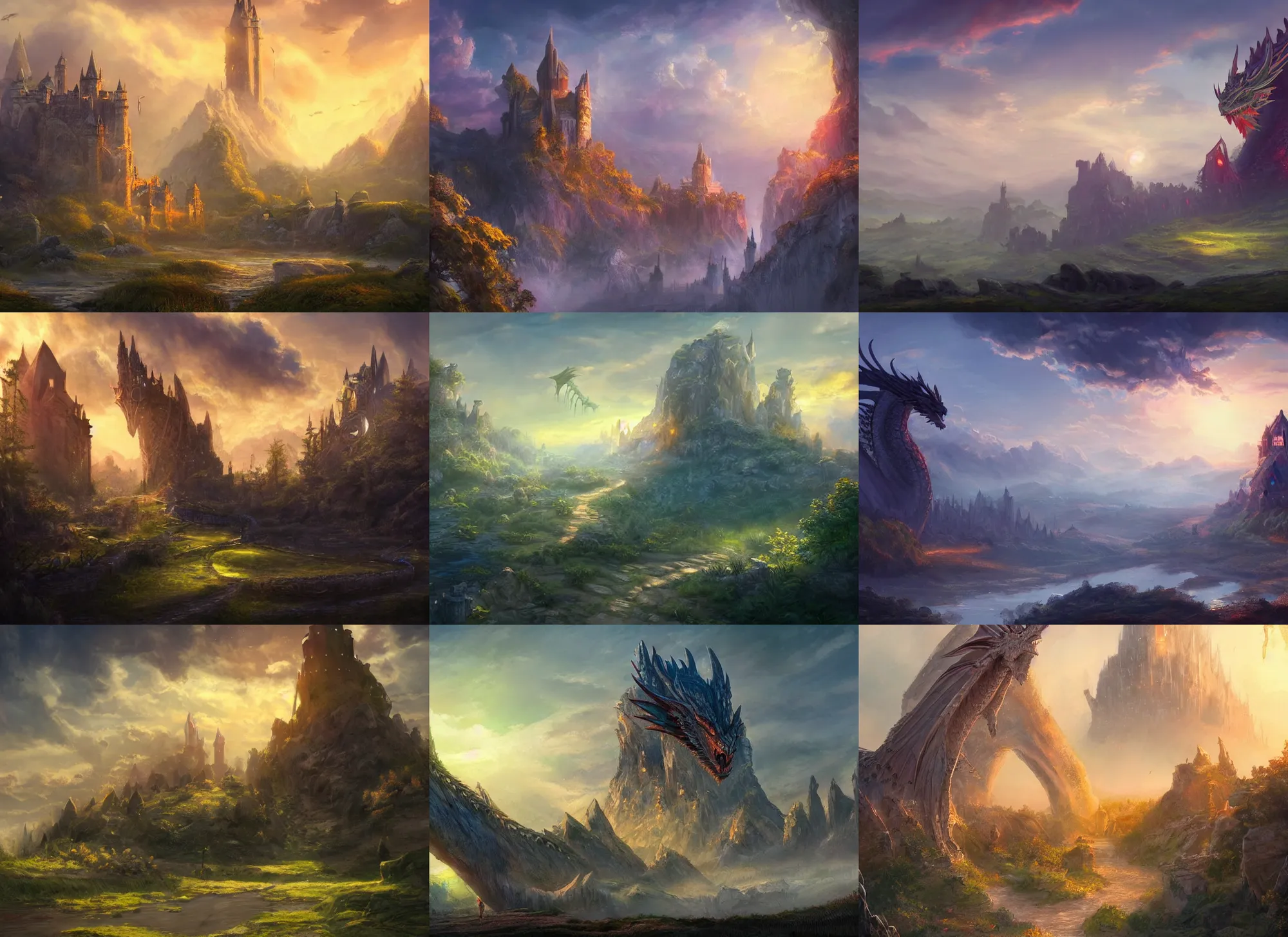 Prompt: a beautiful magical fantasy landscape with a path leading to a glorious ancient castle, with a giant majestic dragon flying in the sky, evening light, dawn, tall tower in the distance, concept art, artstation, award - winning