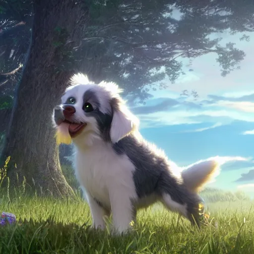 Image similar to a wholesome animation key shot of a blue merle australian shepherd puppy, studio ghibli, pixar and disney animation, sharp, rendered in unreal engine 5, anime key art by greg rutkowski, bloom, dramatic lighting