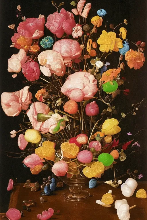 Image similar to still life of a bouquet of flowers, but the flowers are actually gummy bears and jelly beans, delicious rubbery translucent squishy sweets, soft light, highly detailed, close up, Northern Renaissance