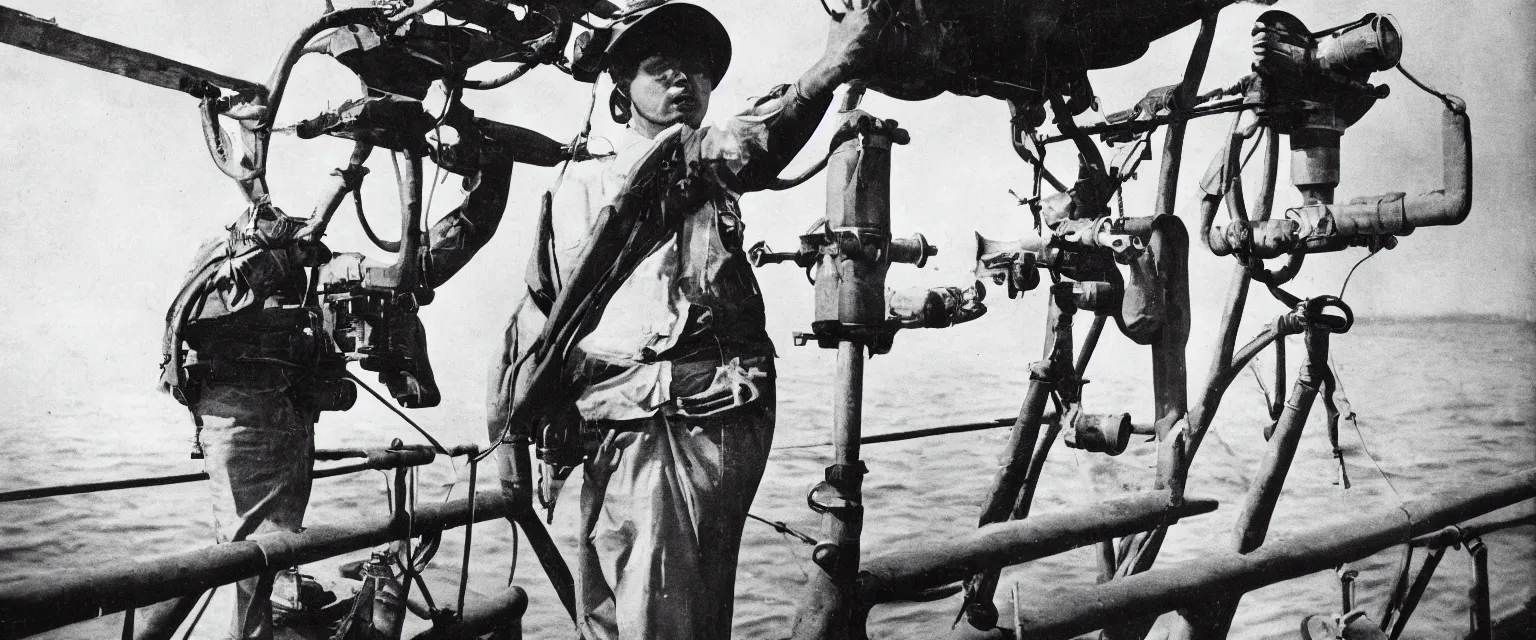 Image similar to detailed sharp portrait photograph in the style of popular science circa 1 9 5 5 of a sailor standing on the bridge of a ship look through binoculars