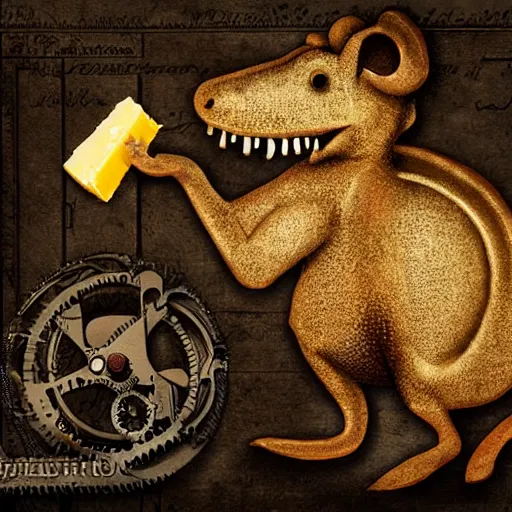 Image similar to dino mouse, guarding golden cheese, steampunk