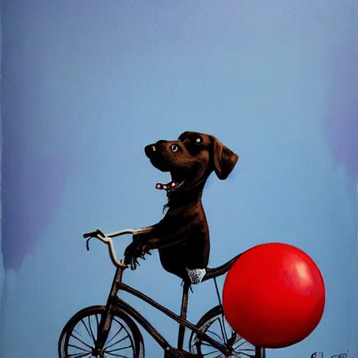 Prompt: grunge painting of a dog riding a bike with a wide smile and a red balloon by chris leib, loony toons style, pennywise style, corpse bride style, horror theme, detailed, elegant, intricate