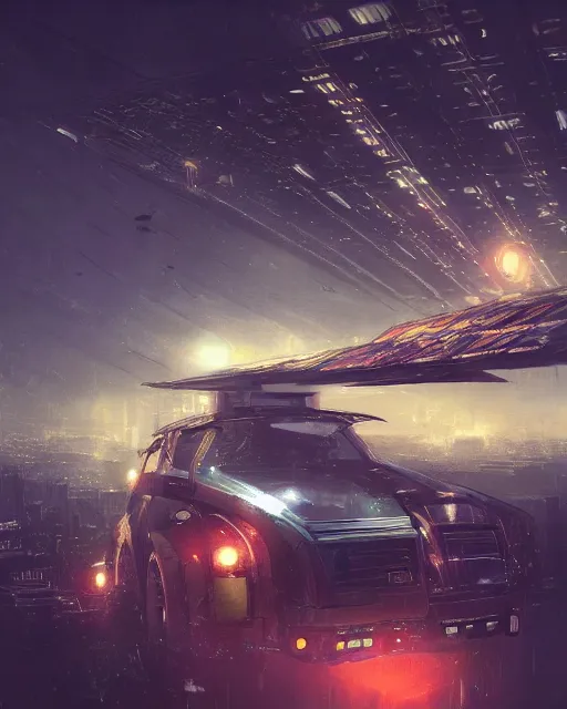 Image similar to solarpunk vehicle above a city, scifi, futuristic, bright light, highly detailed, concept art, sharp focus, trending on artstation, intricate, atmosphere, raining, art by roman makarenko, dzung phung dinh