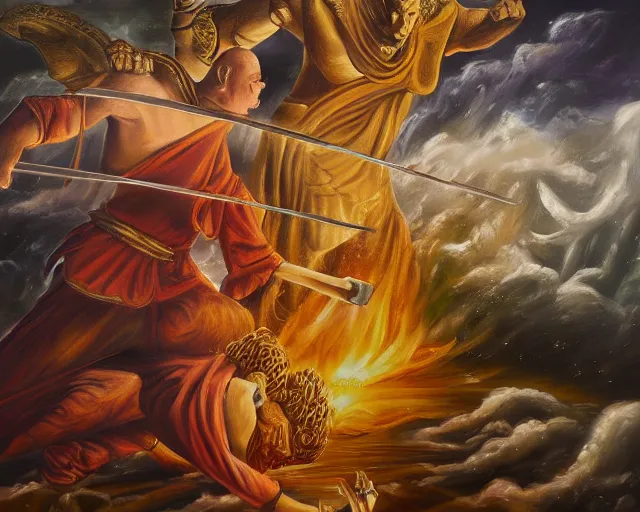 Prompt: A very detailed surreal fantasy oil painting of an epic fighting scene between Lord Voldemort and Buddha by Manjit Bawa, trending on artstation, 4k.