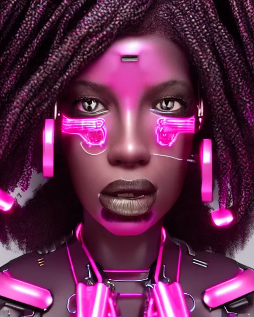 Image similar to portrait of a beautiful black woman with pink hair as a cyberpunk cyborg half robot, revealing wires and electronics, hooked - up, sci - fi, missing panels, intricate abstract upper body intricate artwork, concept art, octane render, deviantart, cinematic, key art, hyperrealism, iridescent accents, portrait photograph, nikon 3 5 mm, photograph by greg rutkowski