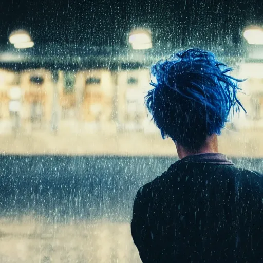 Image similar to highly detailed portrait of a sad figure looking up with shifting shades of blue hair standing in a downpour, bus station, late at night 4k resolution, inspired by Studio Ghibli, bokeh