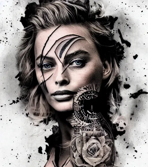 Image similar to tattoo design sketch double exposure of margot robbie blended with beautiful mountain scenery, creative mash up, in the style of arlo dicristina, surrealist, amazing detail, sharp