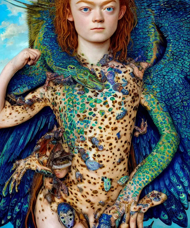 Image similar to a portrait photograph of a meditating fierce sadie sink as a colorful harpy hawk super hero with blue spotted slimy skin with scales. her body is transforming into a amphibian beast. by donato giancola, hans holbein, walton ford, gaston bussiere, peter mohrbacher and brian froud. 8 k, cgsociety, fashion editorial