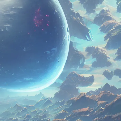 Image similar to the remains of a deserted planet. seen from space, glimmering stars, satellite view. clean sharp digital art, environment concept art, by rossdraws, ghibli, breath of the wild, greg rutkowski