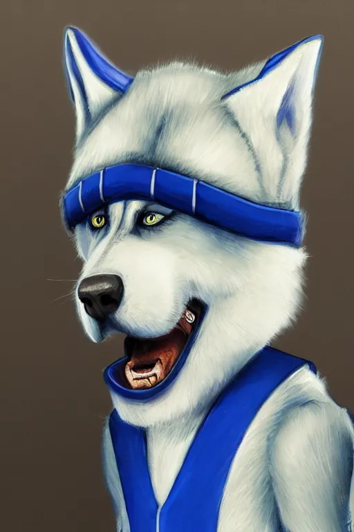 Image similar to a character design of a husky athlete in blue vest, portrait painting, anime, humanoid, anthropomorphic, personify, furry