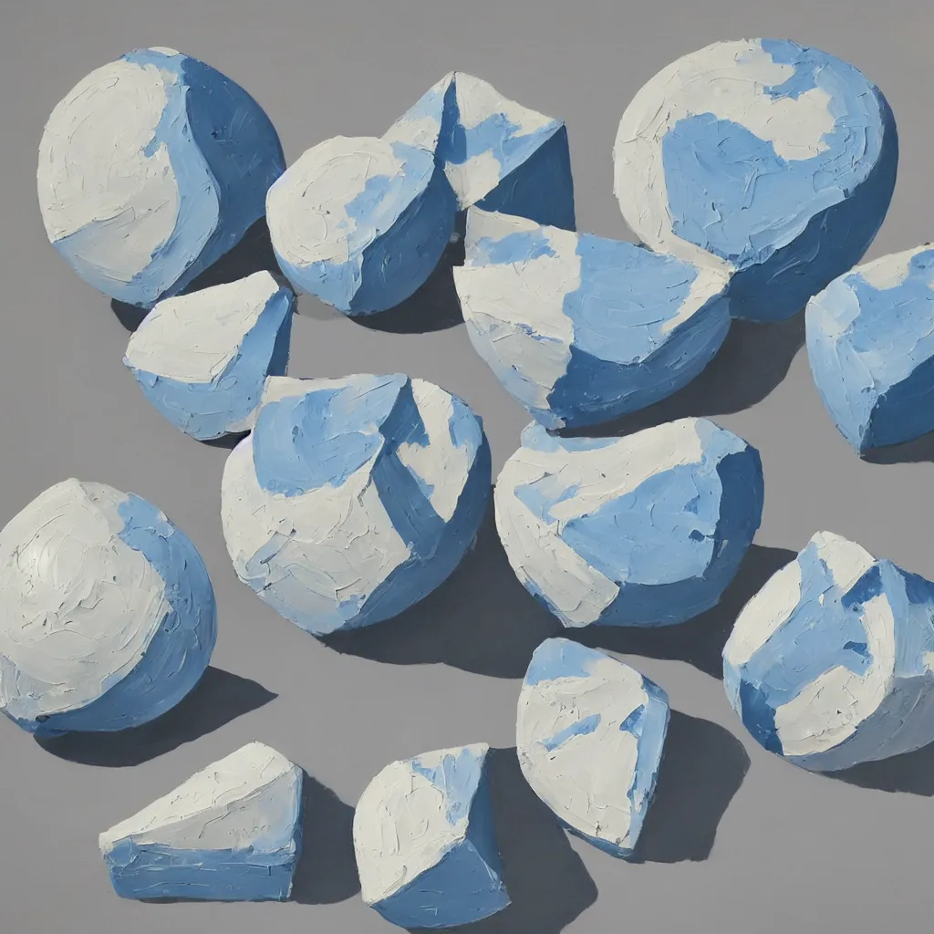 Image similar to 3 dimensional solid large globular geometric 3 d shapes made of solid impasto oil paint, with strong top right lighting creating shadows, colours cream and blue - grey