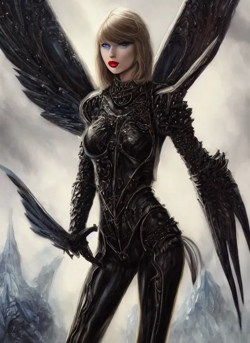 Prompt: Taylor swift demon queen, black armor, wings, Ivan Aivakovsky, Boris Vallejo, epic fantasy character art, D&D Concept Art, full length, Realistic, Regal, Refined, Detailed Digital Art, Oil Paining, Exquisite detail, post-processing, masterpiece, Cinematic Lighting, Unreal Engine, 8k, HD, Stanley Artgerm Lau, WLOP, Rossdraws, Frank Frazetta, Andrei Riabovitchev, Marc Simonetti, trending on artstation