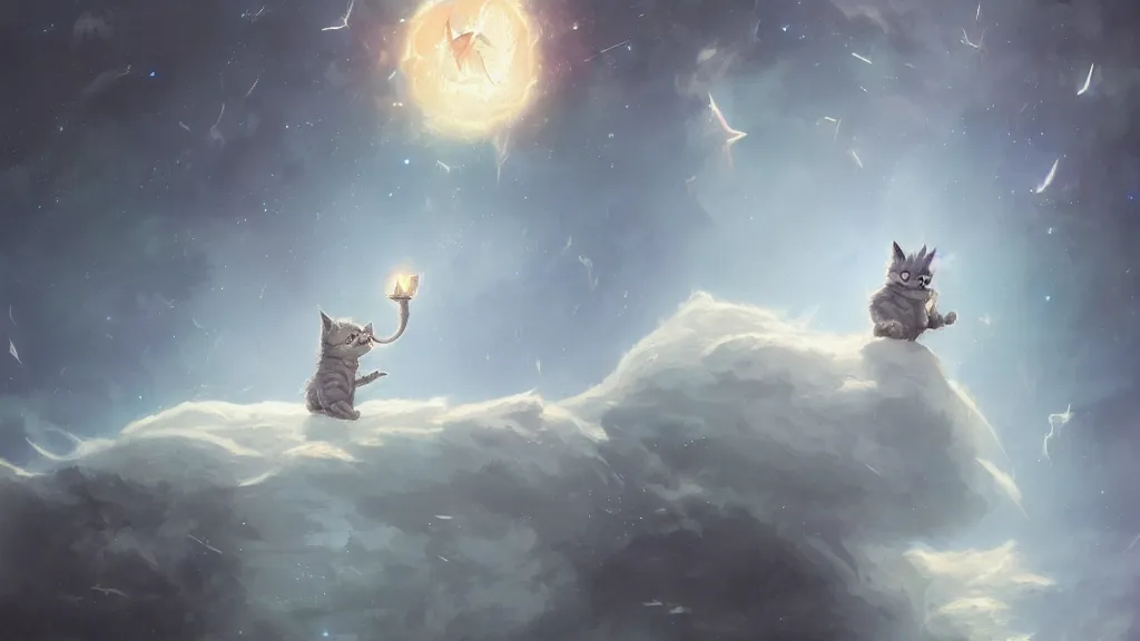 Image similar to a single cartoonish kitten dressed as Gandalf floating in space, bright stars, anime, a fantasy digital painting by Greg Rutkowski and James Gurney, trending on Artstation, highly detailed